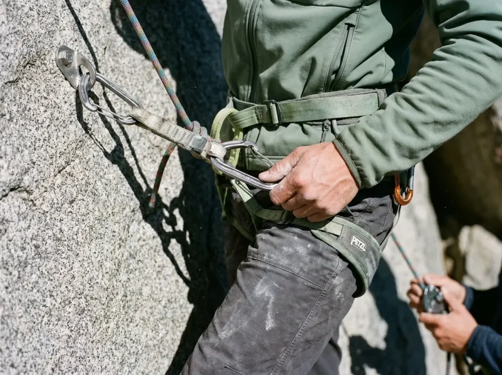 Close-up of climber clipping quickdraw to belay loop while going direct on bolt