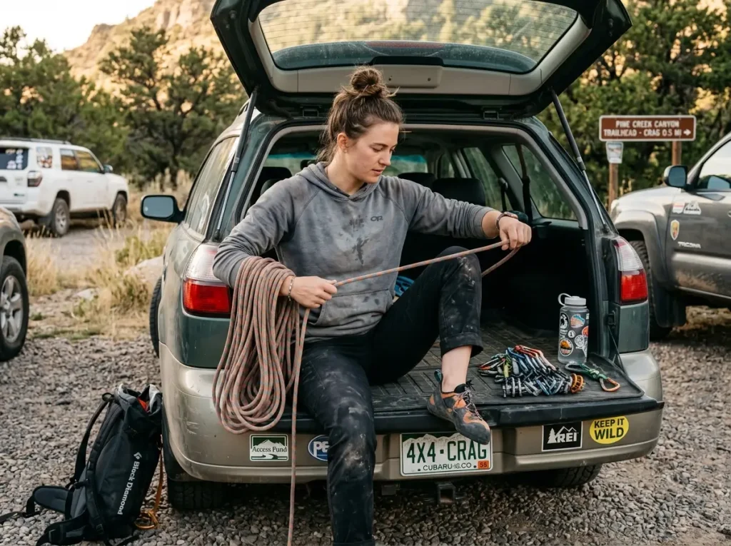 Young climber coiling rope and organizing gear after outdoor session
