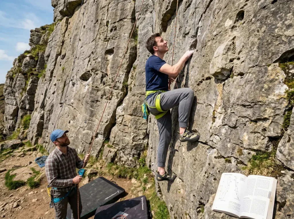 Gym climber touching real rock outdoors for first time on easy route