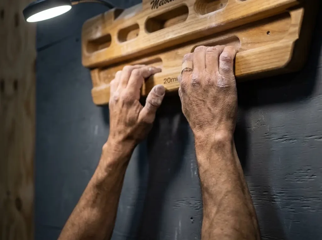 Close-up of climber hands in half-crimp position on hangboard edge