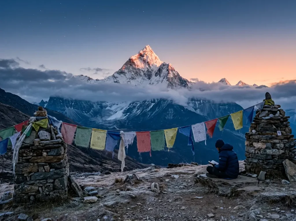 Mountain landscape at dawn with prayer flags in Himalayan setting