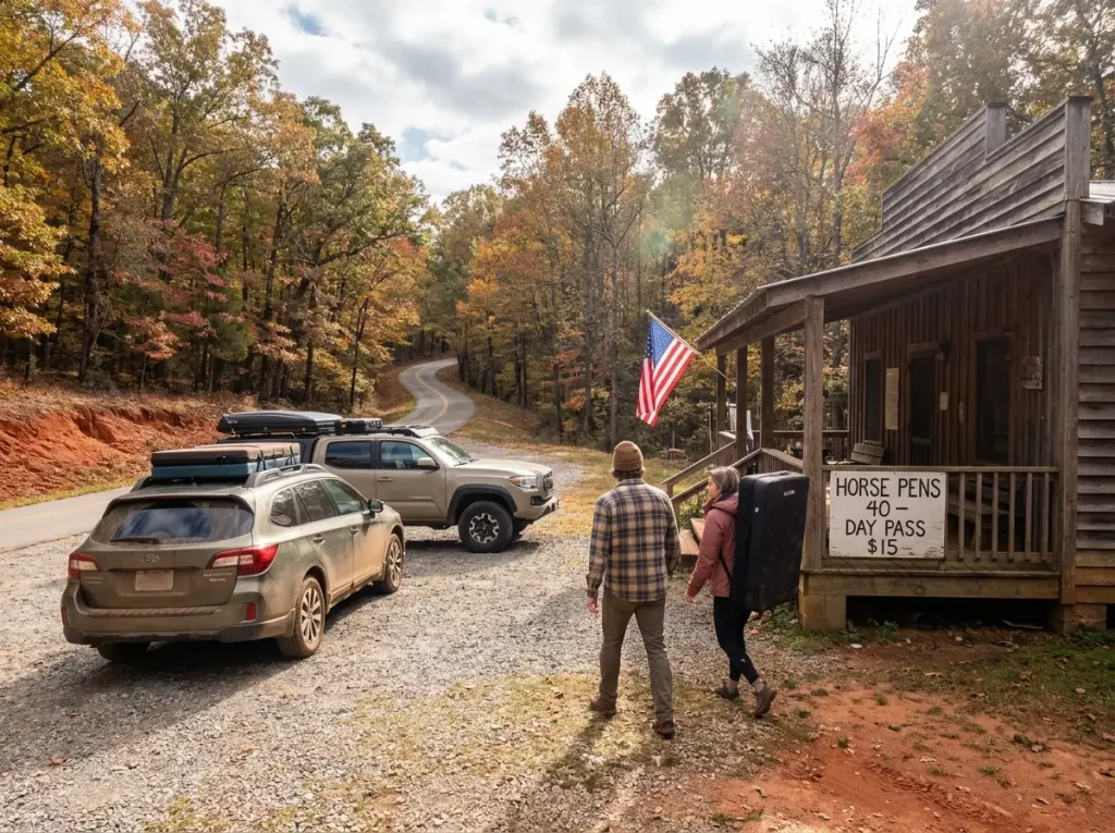 Parking area and camp store entrance at Horse Pens 40 Alabama