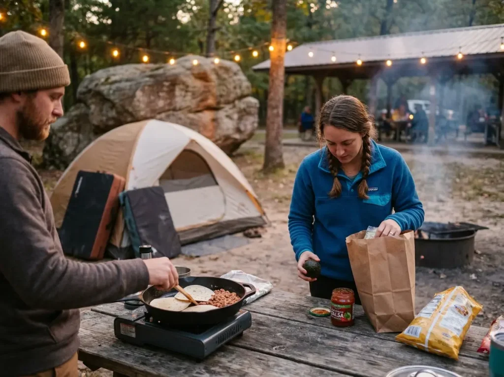 Climbers cooking at campsite near boulders at Horse Pens 40 campground