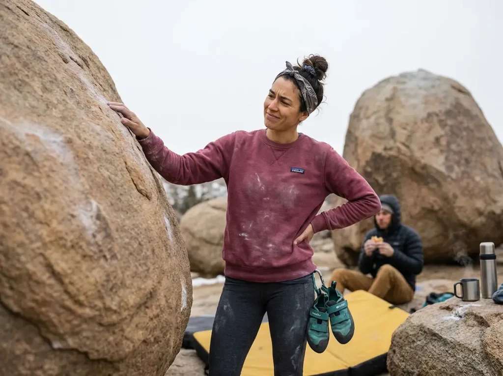 Climber reading beta on a sandstone sloper problem at Horse Pens 40