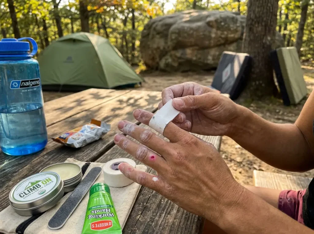 Climber taping split finger tips between bouldering sessions at HP40