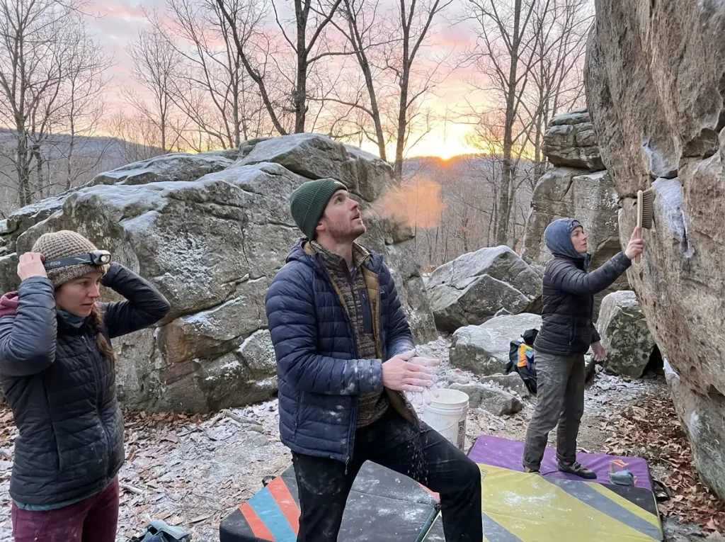 Early morning winter bouldering session at Horse Pens 40 with visible breath