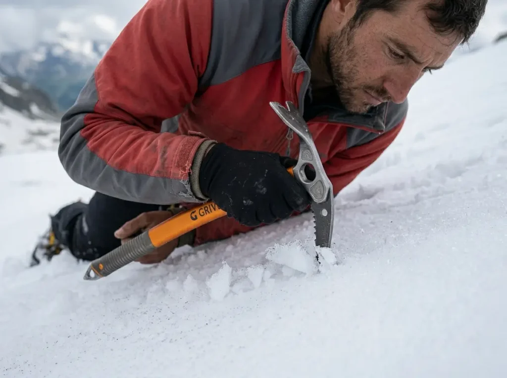 Close view of correct ice axe self-arrest grip with hand over the head and pick driven into snow
