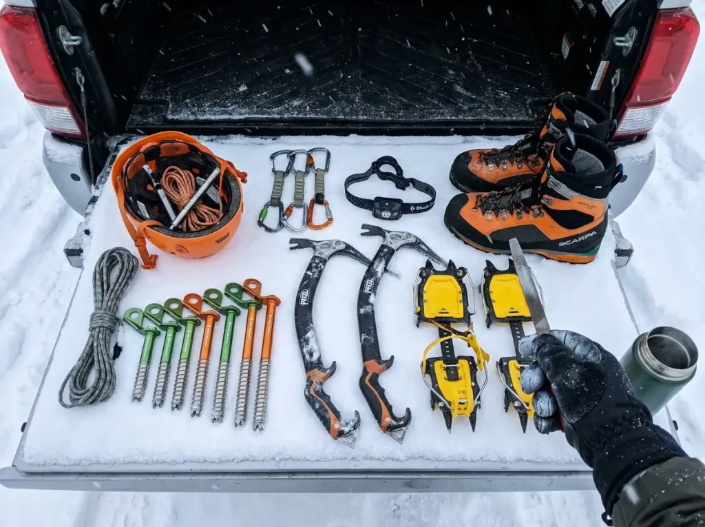 Ice climbing gear laid out for inspection with screws and tools on a car tailgate
