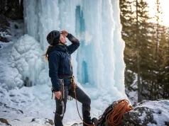 5 Ice Lead Mistakes That Start Before You Climb Ice climber inspecting frozen waterfall before leading a WI-3 pitch