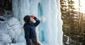 5 Ice Lead Mistakes That Start Before You Climb Ice climber inspecting frozen waterfall before leading a WI-3 pitch