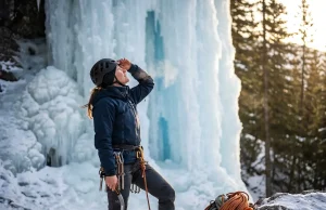 5 Ice Lead Mistakes That Start Before You Climb Ice climber inspecting frozen waterfall before leading a WI-3 pitch
