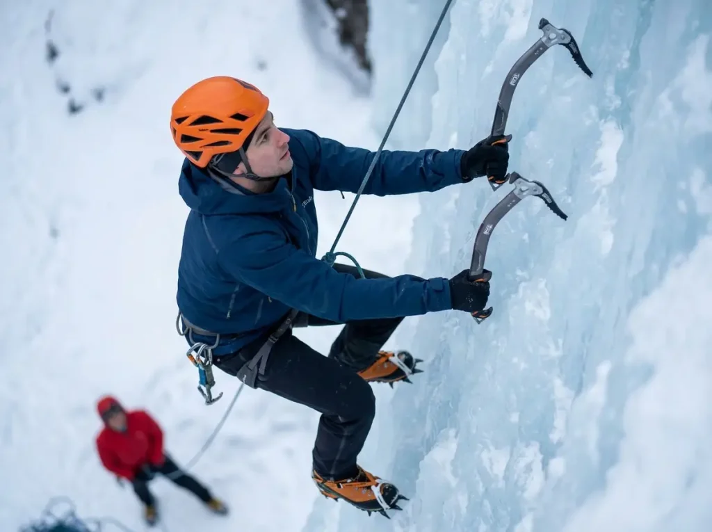 Climber practicing staggered ice tool placements on a top-rope pitch