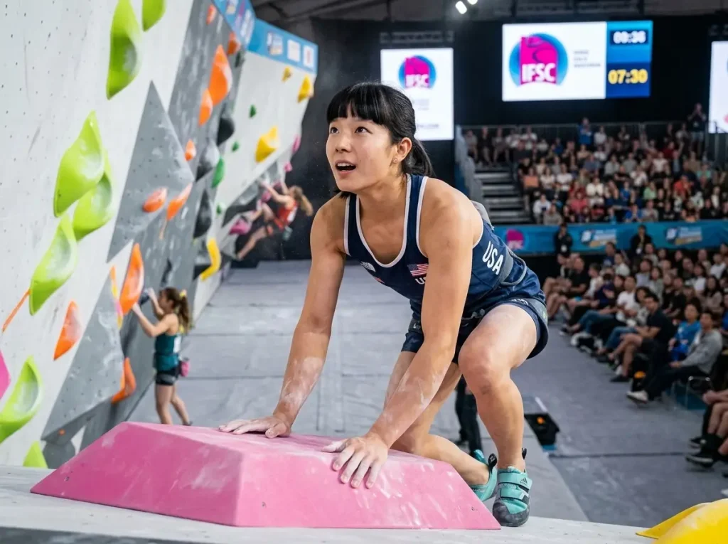 Competition climber topping out boulder problem under bright arena lights
