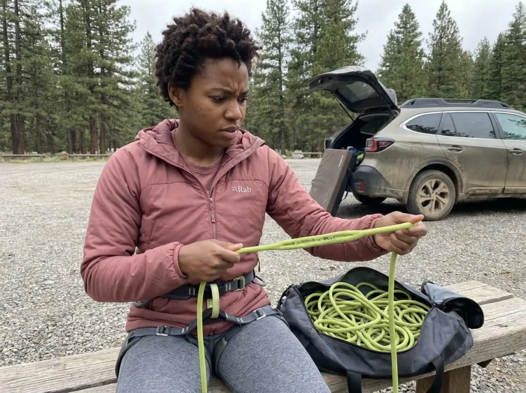 Hands running along climbing rope checking for soft spots and core damage