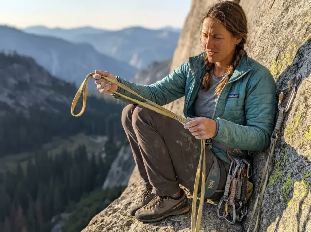 inspecting-climbing-soft-goods-belay-station Climber inspecting worn nylon slings at a granite belay station