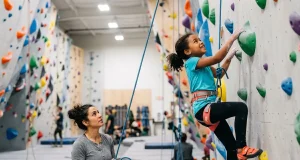 Why Most Kids Quit Climbing (And How to Prevent It) Young child climbing colorful indoor wall with parent belaying below