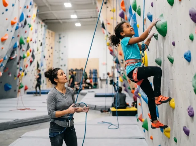 kid-indoor-rock-climbing-parent-belaying Young child climbing colorful indoor wall with parent belaying below