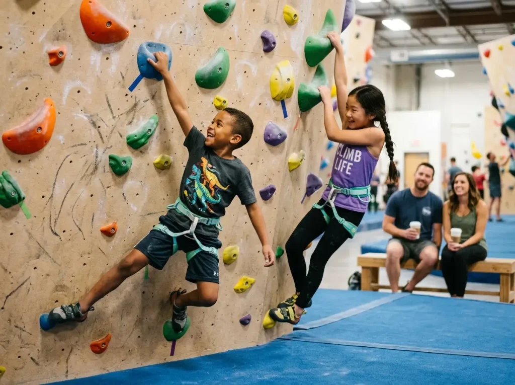 Two kids playing climbing game on indoor wall laughing together