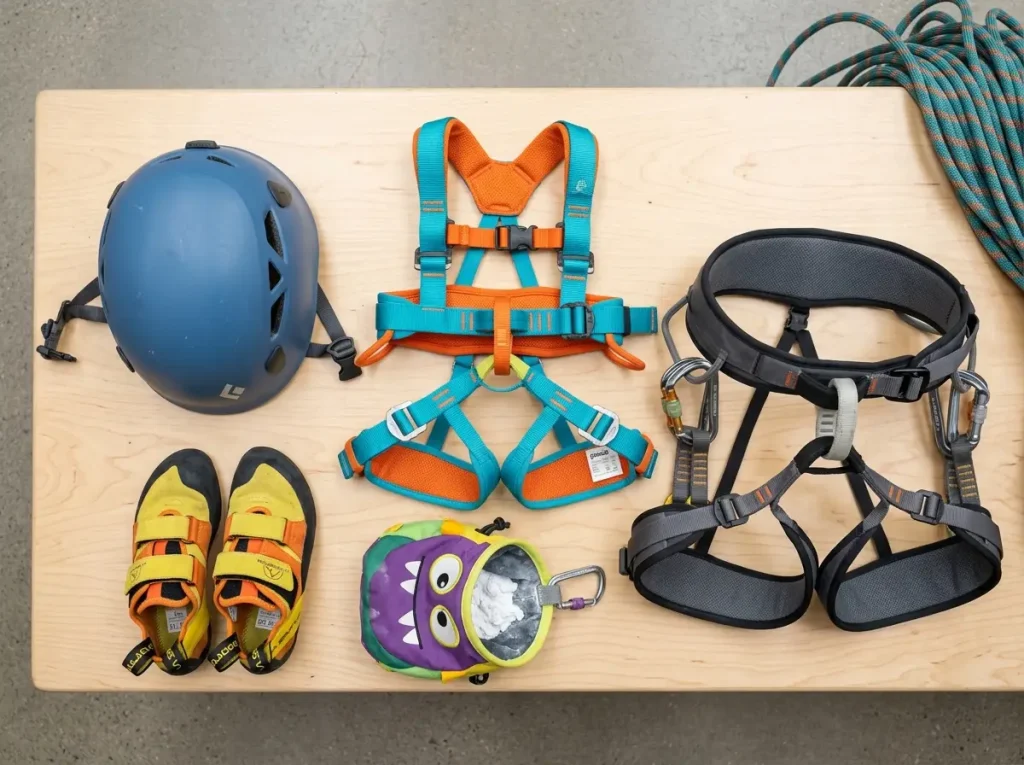 Kids climbing gear laid out including full-body harness helmet and shoes