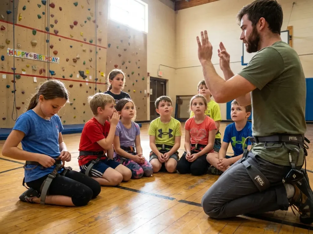 Group of kids in harnesses listening to climbing gym safety briefing