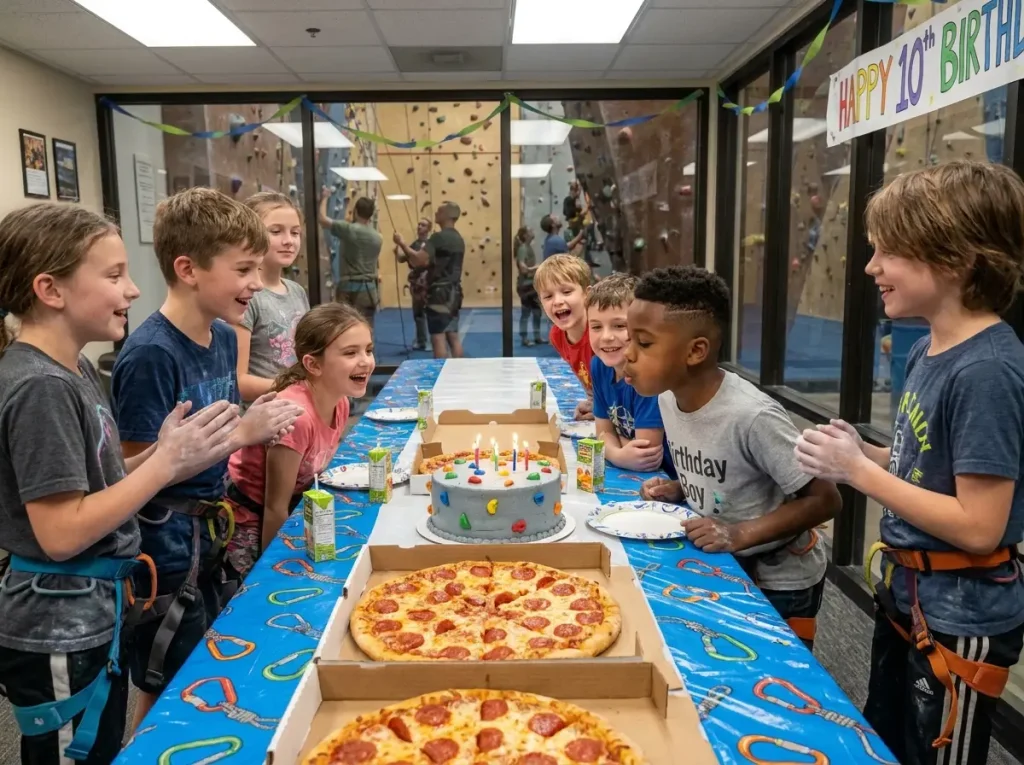 Kids eating pizza and cake in climbing gym party room after climbing
