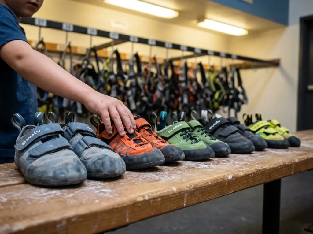 Row of kids rental climbing shoes lined up on a gym bench