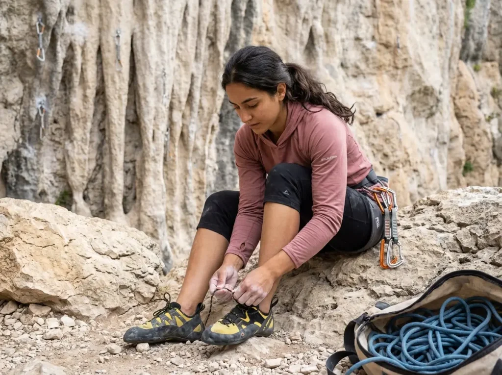 Climber lacing up La Sportiva shoes at base of limestone sport route