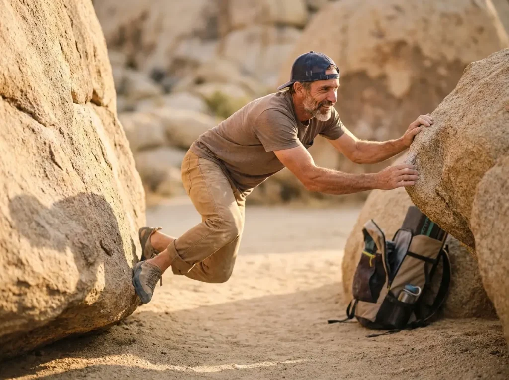 Experienced climber traversing low boulder without crash pad on flat ground