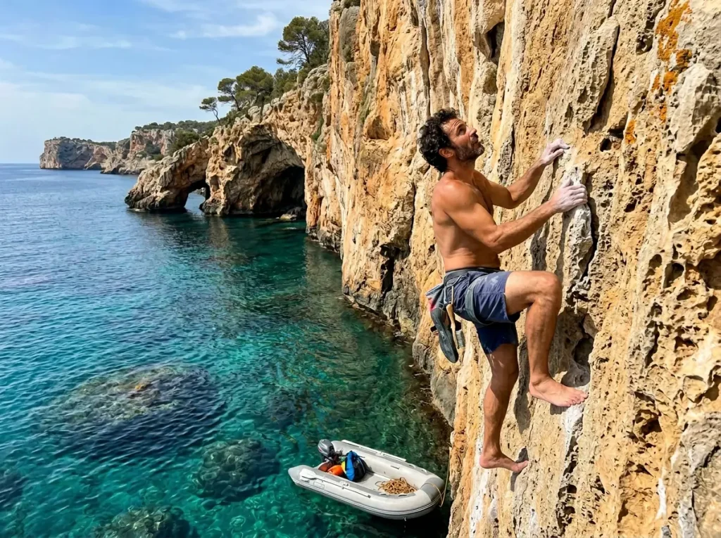 Climber free soloing limestone sea cliff above Mediterranean water in Mallorca