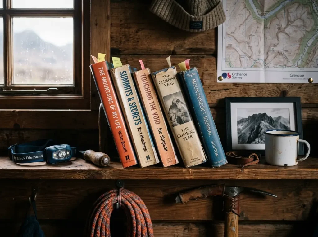 Stack of classic mountain books on wooden cabin shelf with climbing gear
