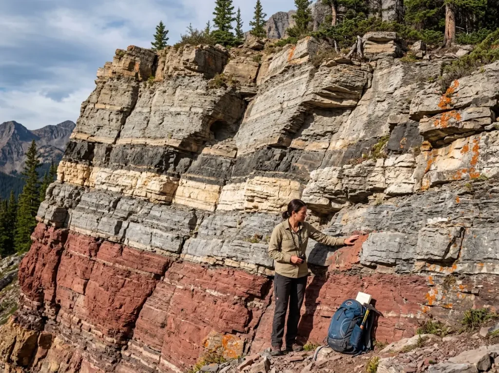Geological layers visible in mountain cross-section with colorful strata