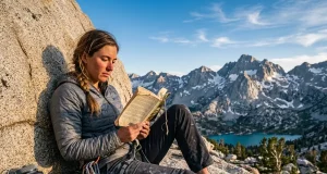 Why the Best Mountain Books Have Nothing to Do With Climbing Climber reading a worn paperback book while sitting on a granite ledge with mountain vista