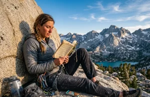 Why the Best Mountain Books Have Nothing to Do With Climbing Climber reading a worn paperback book while sitting on a granite ledge with mountain vista