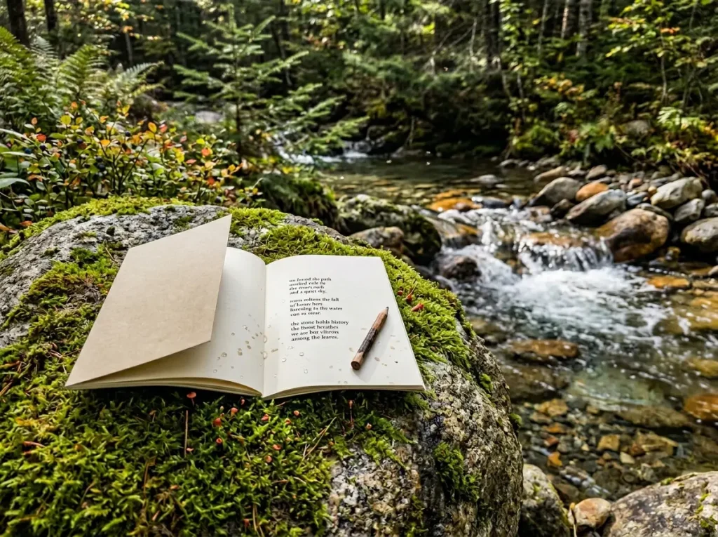 Open poetry book on mossy boulder beside mountain stream