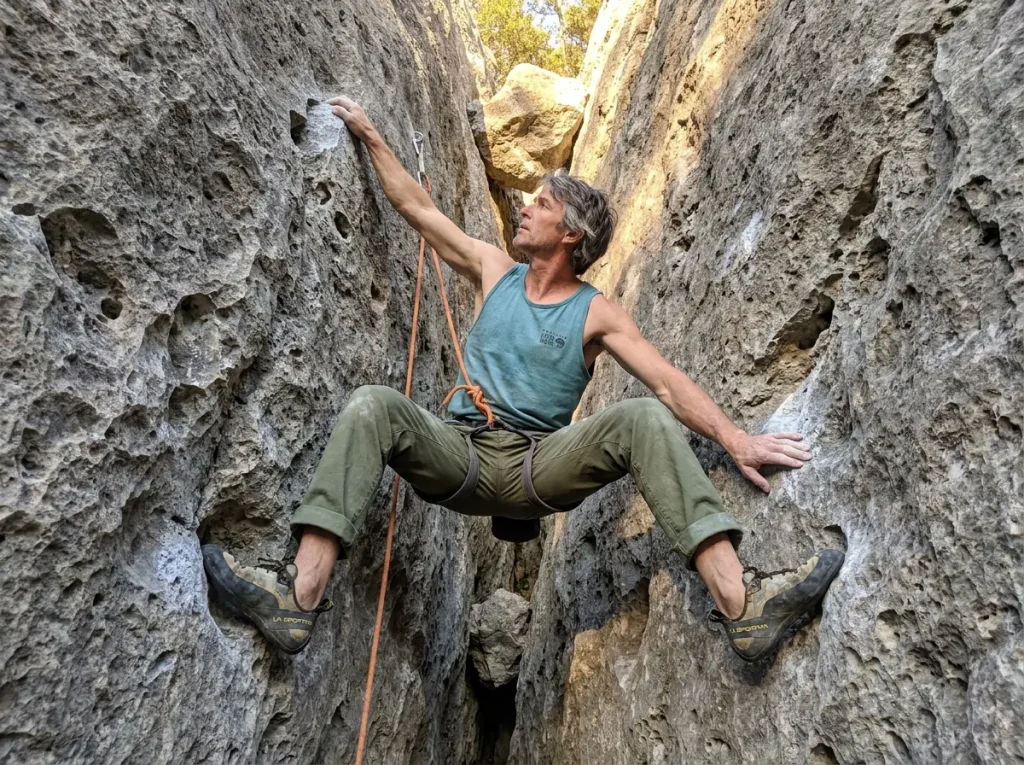 Climber stemming in dihedral showing opposition technique contrast