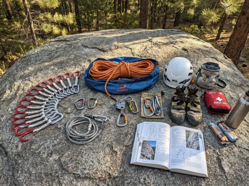 Outdoor sport climbing gear organized on a granite boulder at a crag