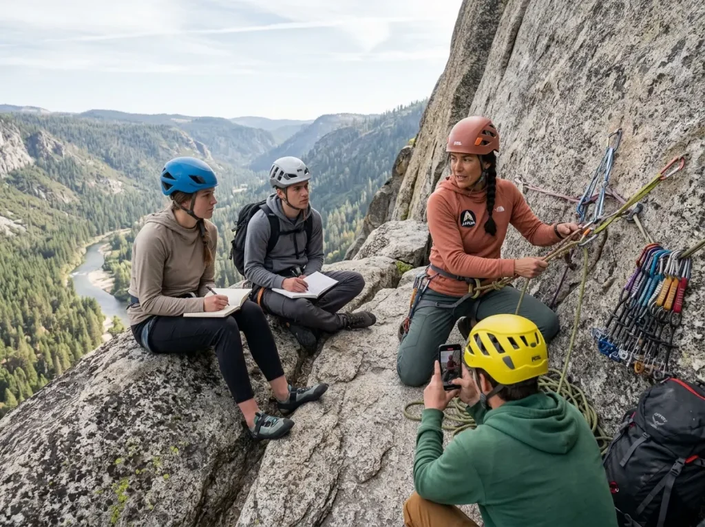 Small group outdoor climbing clinic with certified guide on multi-pitch