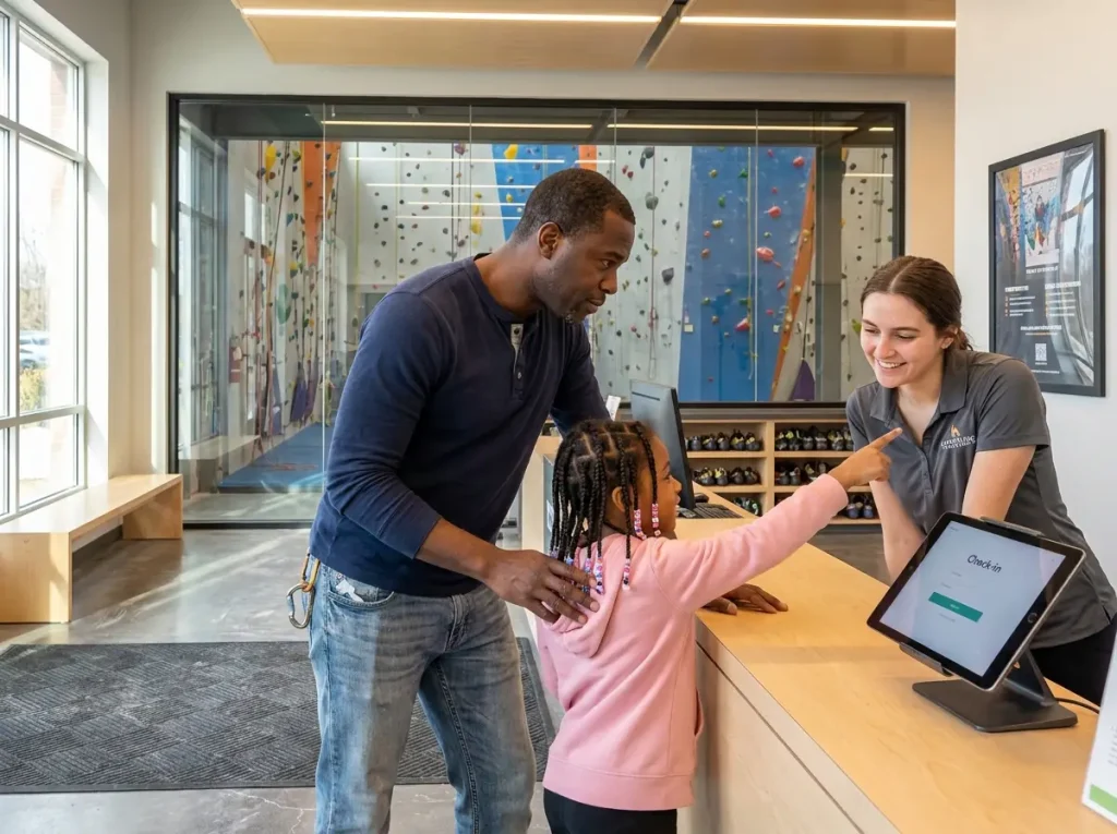 Parent and child touring a climbing gym lobby checking party options