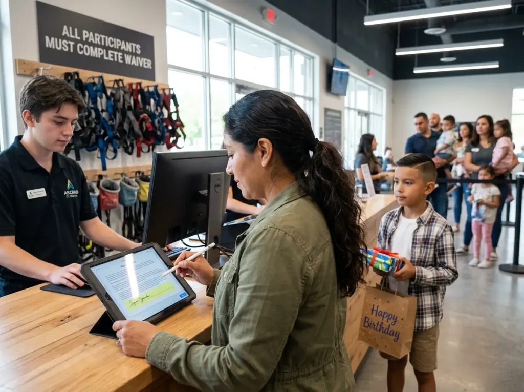 Parent signing digital waiver on tablet at climbing gym check-in desk