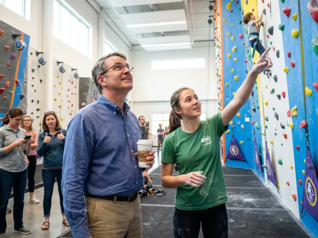 Non-climber parent watching kids climb while talking to gym staff member