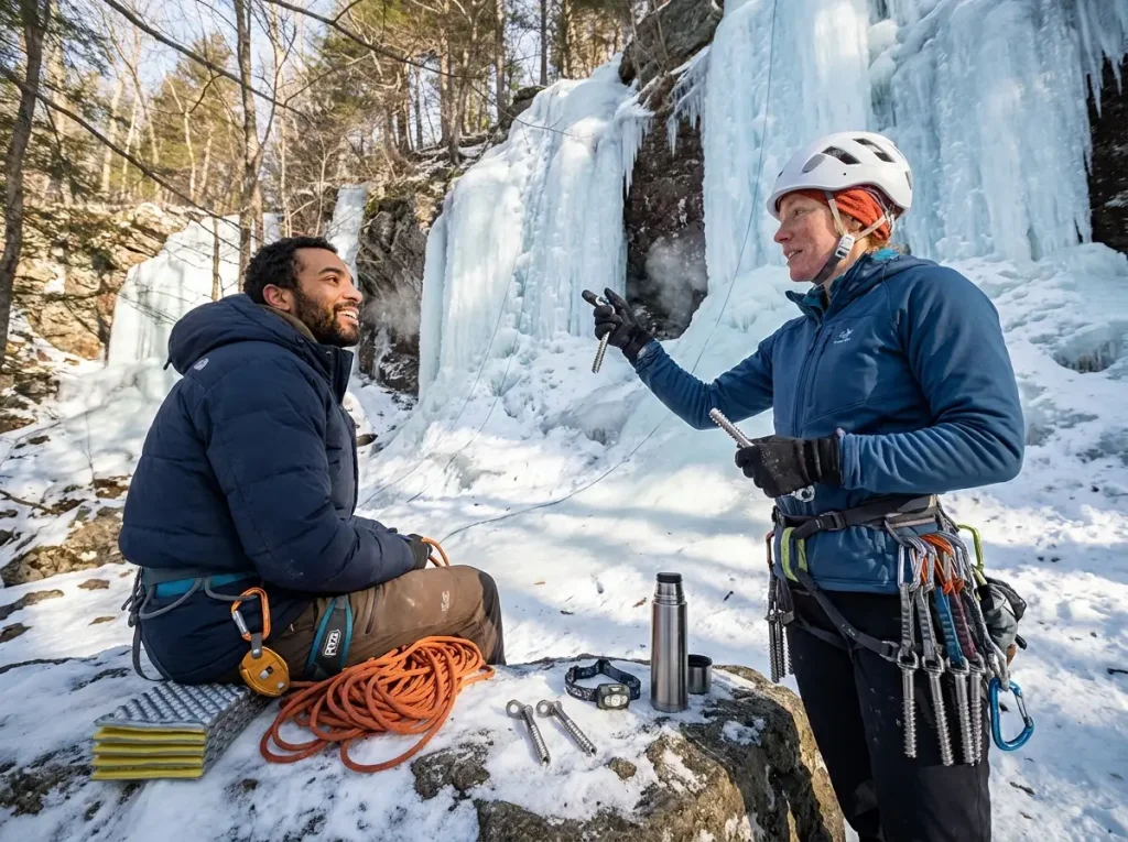 Belayer and lead climber discussing gear plan at the base of an ice climb