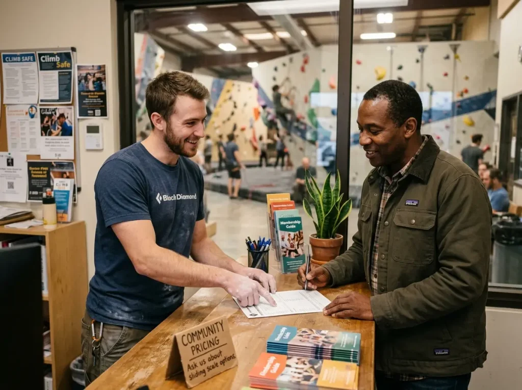 Gym staff member explaining sliding scale membership to new climber