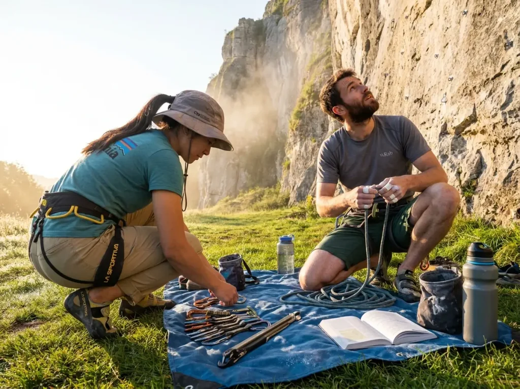 Two climbers organizing gear at sport crag base planning their session
