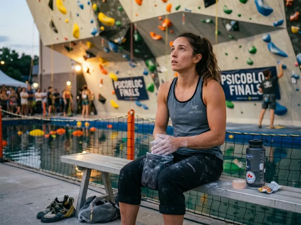 Psicobloc competitor chalking hands and studying the wall before finals match