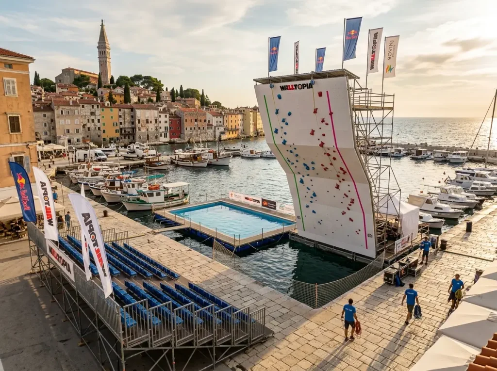 Psicobloc competition wall set up over harbor water in European coastal venue
