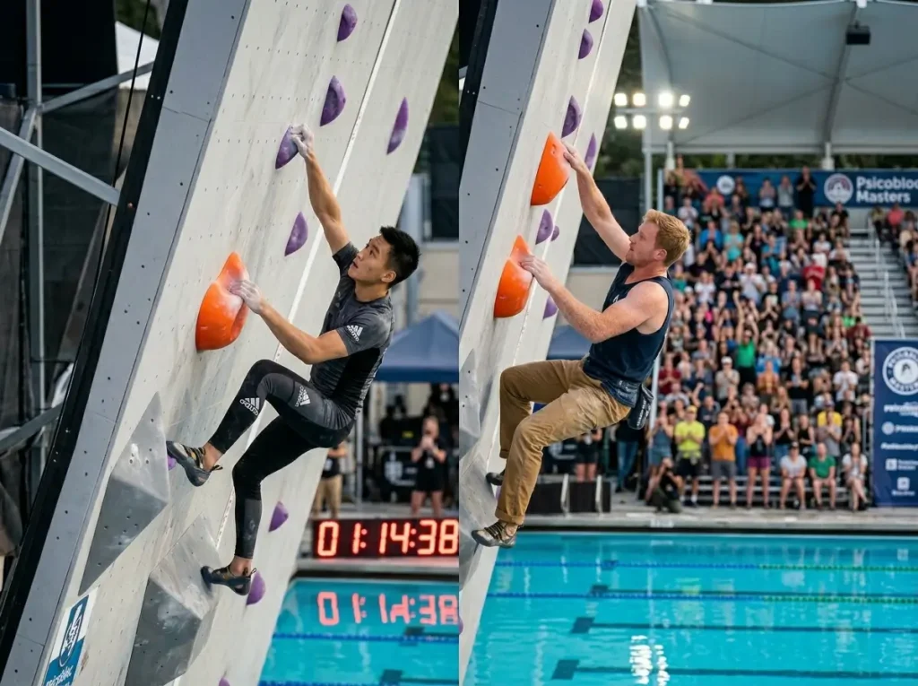 Two psicobloc competitors climbing identical routes during knockout round