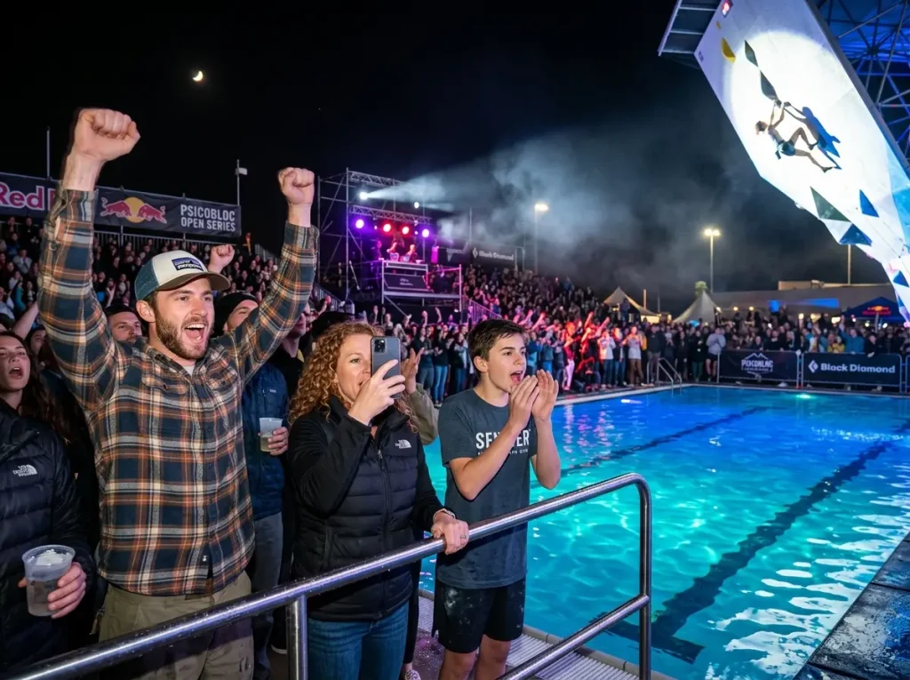 Excited crowd watching psicobloc competition at night with pool lighting