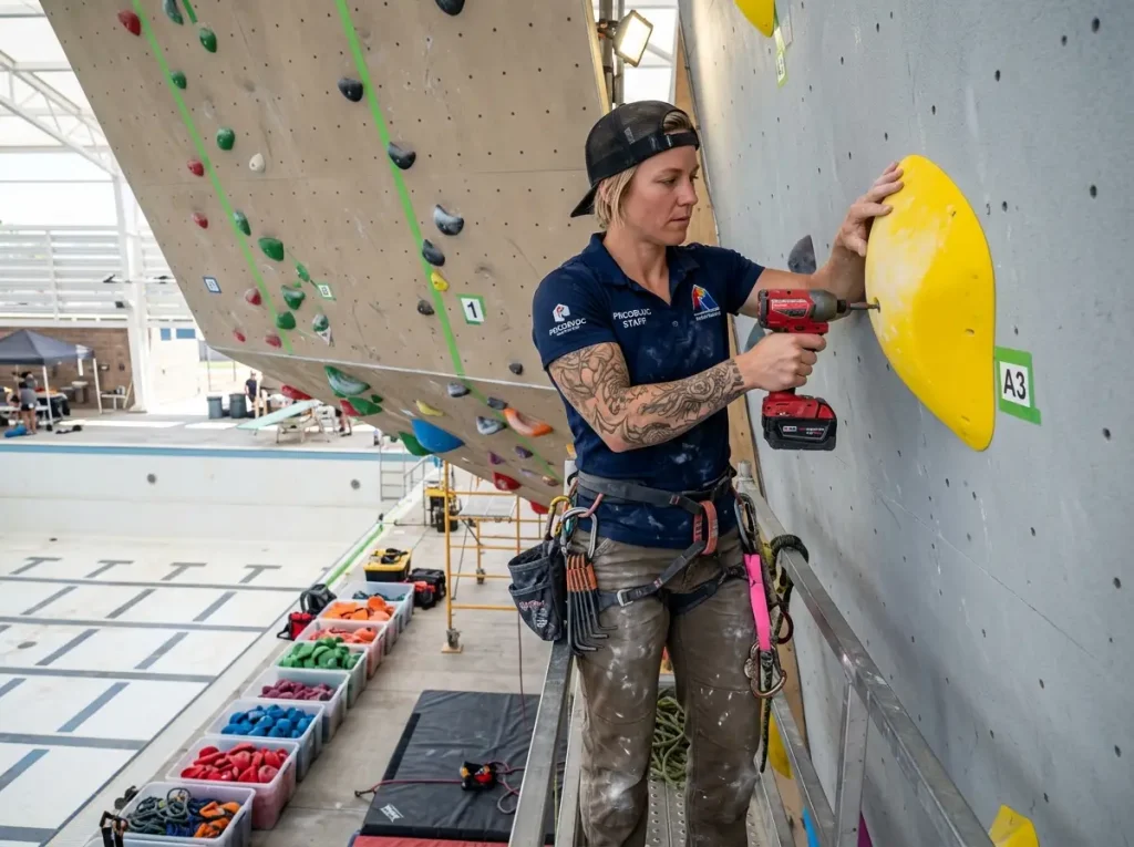 Route setter bolting colorful holds onto psicobloc competition wall