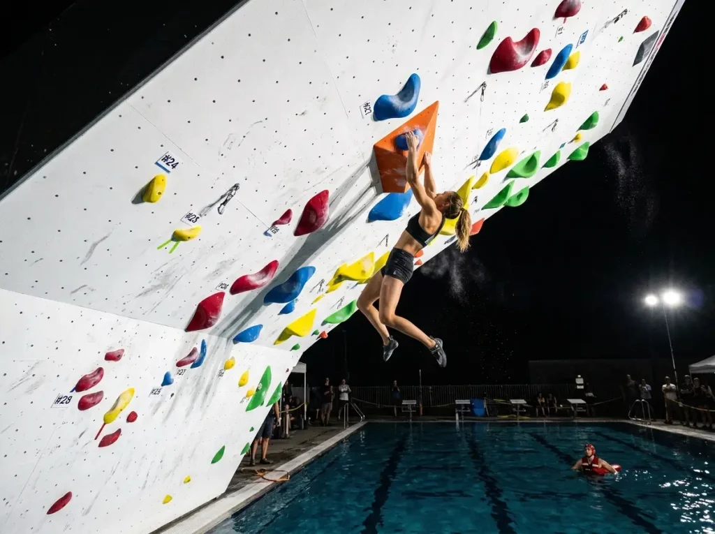 Close-up of overhanging psicobloc competition wall showing holds and angle