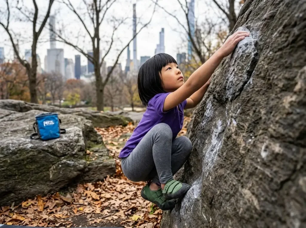 Child climber on urban boulder in Central Park with autumn leaves on ground